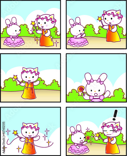 vector cartoon rabbit Fairy tale castle princess prince six-frame comics