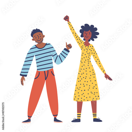 Black couple: woman, man with hands up, people. Concept: diversity, equality, tolerance. Anti-racism vector stock illustration isolated. African american people protest against racial discrimination