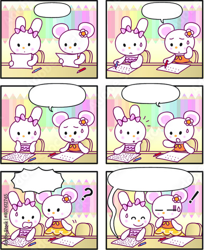 vector cartoon rabbit Fairy tale castle princess prince six-frame comics