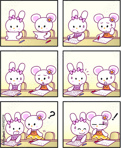 vector cartoon rabbit Fairy tale castle princess prince six-frame comics