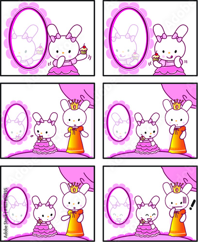 vector cartoon rabbit Fairy tale castle princess prince six-frame comics