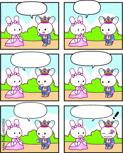 vector cartoon rabbit Fairy tale castle princess prince six-frame comics