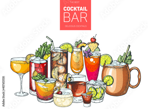 Alcoholic cocktails hand drawn vector illustration. Hand drawn drinks illustration. Cocktails set. Menu design elements.