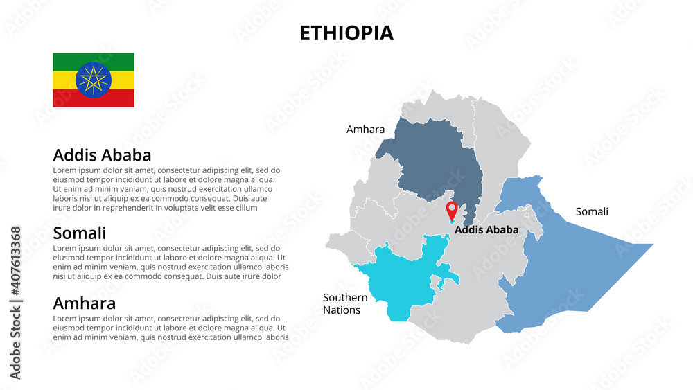 Ethiopia vector map infographic template divided by states, regions or provinces. Slide presentation Ethiopia vector map infographic template divided by states, regions or provinces. Slide presentation