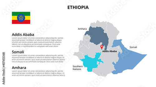 Ethiopia vector map infographic template divided by states, regions or provinces. Slide presentation