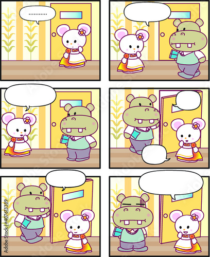 vector cartoon rabbit Fairy tale castle princess prince six-frame comics