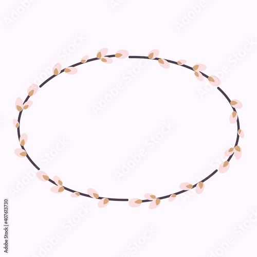 Willow wreath. Oval frame made of willow twigs. Easter wreath made of willow stalks.Vector flat illustration.