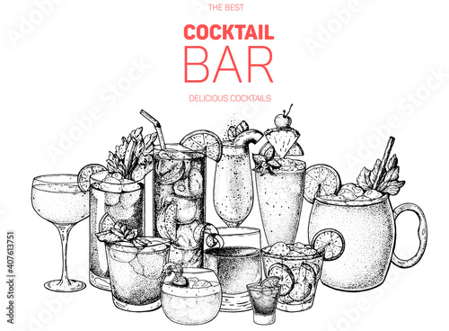 Alcoholic cocktail sketch. Hand drawn vector illustration. Hand drawn drinks illustration. Cocktails set. Menu design elements.