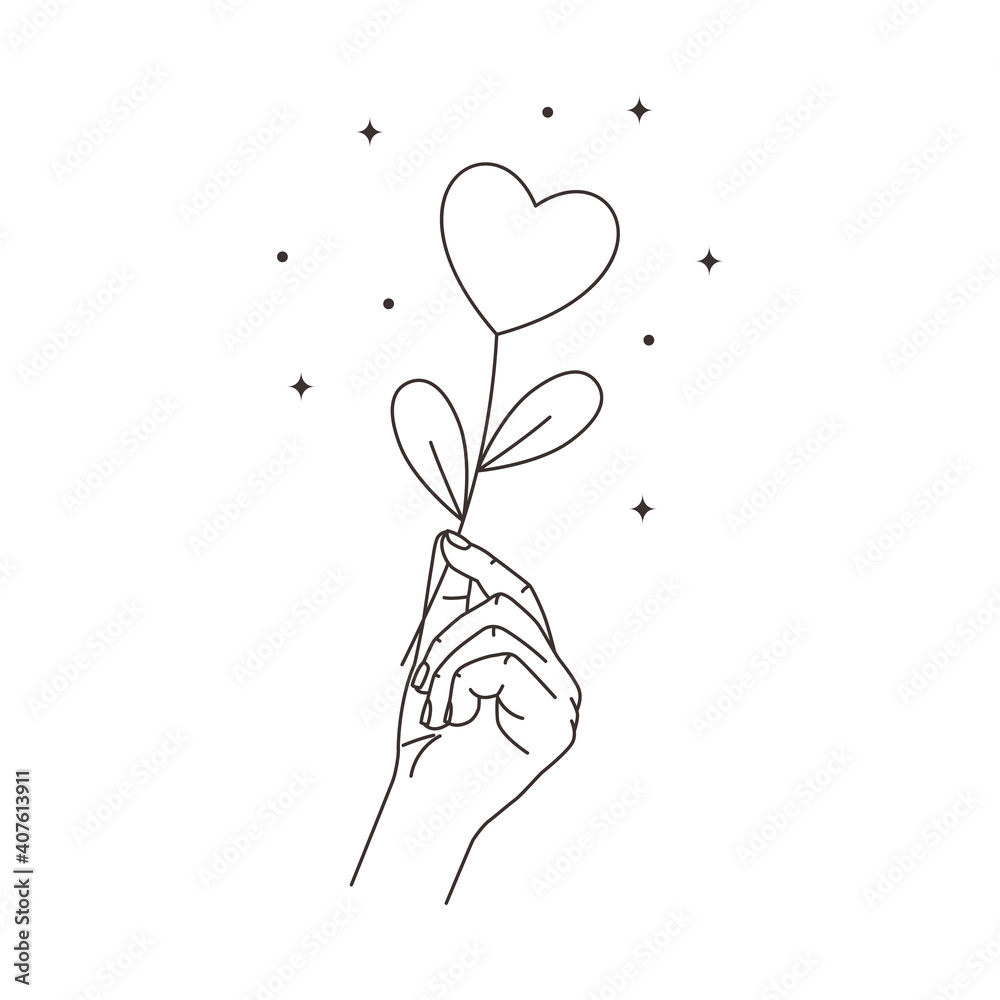 Vector illustration of hand and mystic love flower. Line art style. Floral heart boho symbol. Feminine gesture. Valentine's day or Mother's day greeting card design element