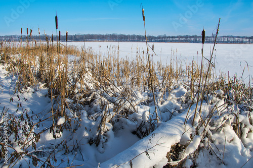 Fototapeta Naklejka Na Ścianę i Meble -  frozen lake, beautiful snowy winter landscape, Masuria in Poland