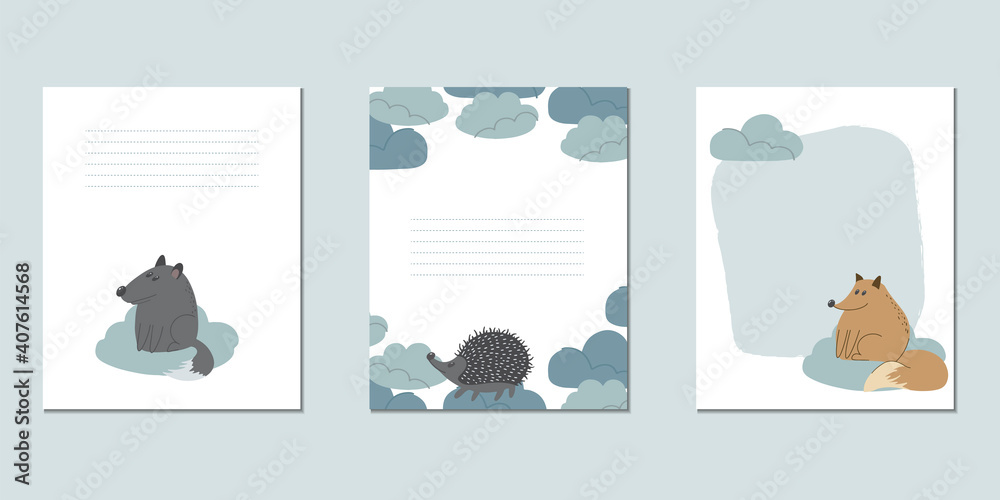 Set of vector children's cards with wolf, hedgehog and fox. Templates for text for a children's party, baby shower, cards, invitations, diplomas.