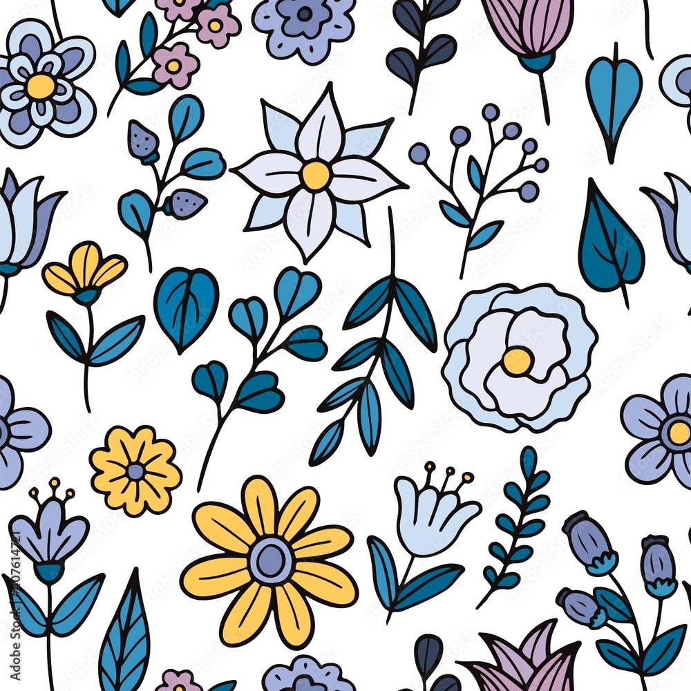 Hand drawn flowers and leaves pattern. Vector illustration Hand drawn flowers and leaves pattern. Vector illustration