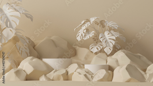 Minimal stage with podium, tropical palm trees, monster leaves and abstract background. Pastel cream and beige colors scene. Trendy 3d rendering for social media banners, promotion, cosmetics show