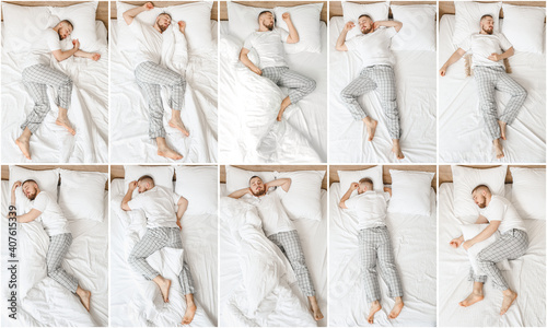 Schilderij op canvas Young man sleeping in different positions in bed