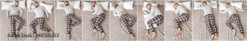 Fotografie Young man sleeping in different positions in bed