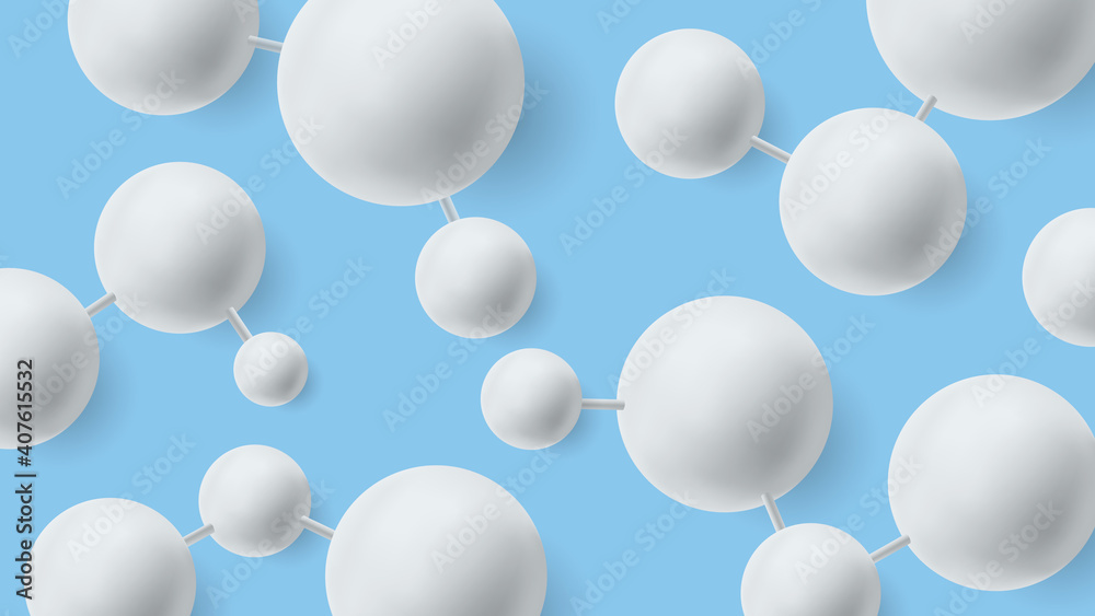 Abstract blue background with white circular 3d molecules connected with strings, biology medicine healthcare banner