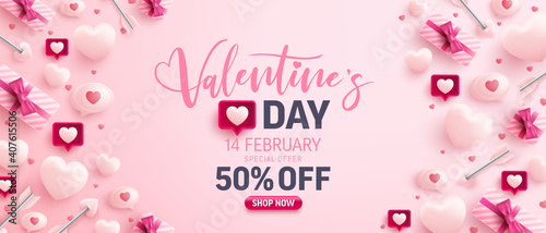 Valentine's Day Sale banner for social media website with sweet hearts,speech bubble and valentine elements on pink background.Promotion and shopping template for love and Valentine's day concept.
