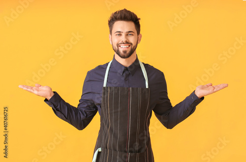 Young man showing something...