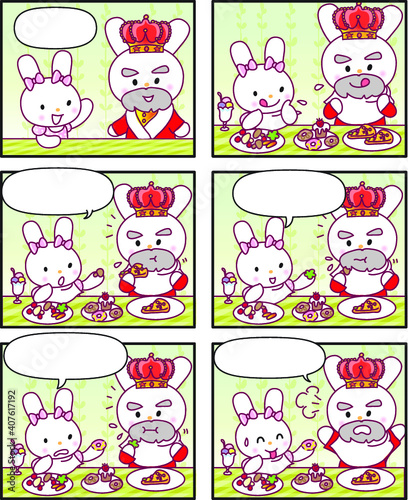 vector cartoon rabbit Fairy tale castle princess prince six-frame comics