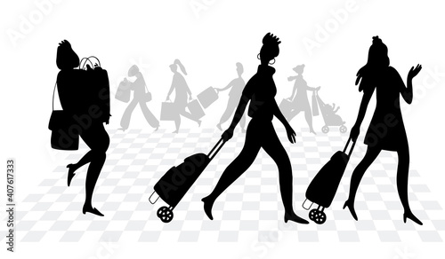 Fashionable bag with wheels for shopping. Silhouettes of women with handbags. A set of black silhouettes of young girls.