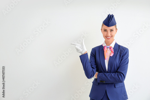 Beautiful stewardess pointi...