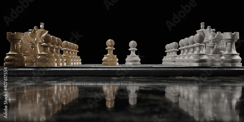 side view of a chessboard on a dark marble table