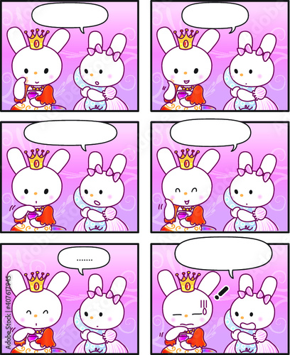 vector cartoon rabbit Fairy tale castle princess prince six-frame comics
