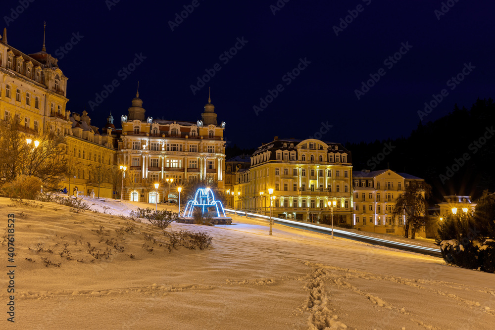 Snow winter in the center of small Czech spa town Marianske Lazne (Marienbad) - Czech Republic