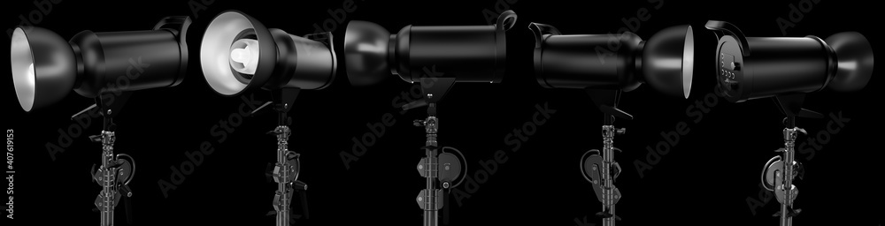Fototapeta premium Photography studio flash on a lighting stand isolated on black background.