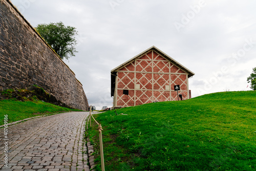 The historic Akershus Fortress in Oslo. View of the ramparts a cloudy day of summer