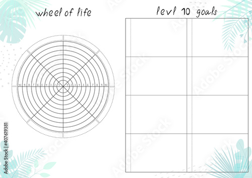 Printable A4 paper sheet with tropical leaves and Wheel of Life - diagram with blank lines to fill. Coaching tool for bullet journal page, daily planner template, blank for notebook.