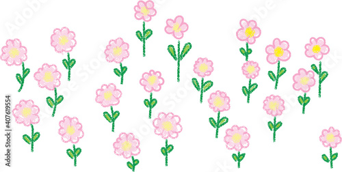 Wax crayon drawing pink flowers with green grass on white. Vector pastel chalk background banner.