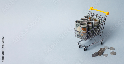 Shopping cart with money. Concept of purchasing power and expenses on food