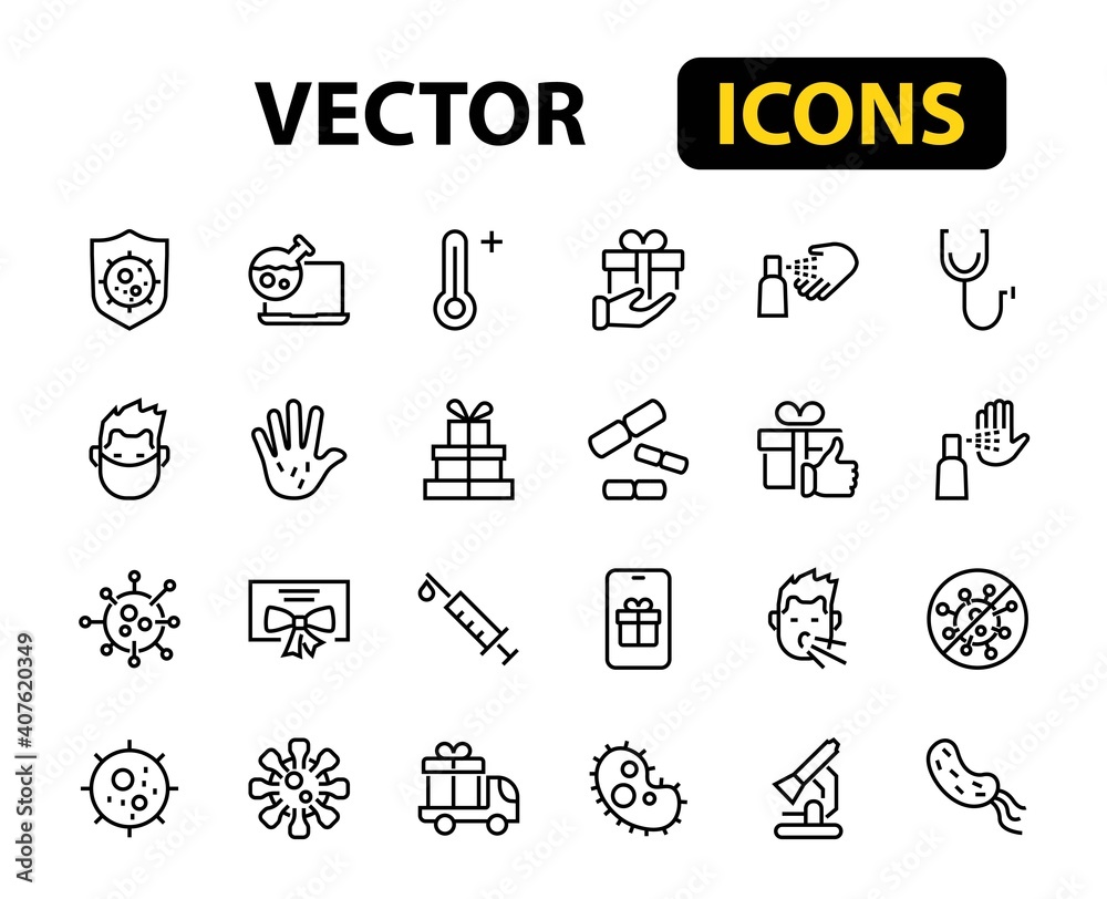 Fototapeta premium CORONAVIRUS A set of icons on the theme of coronavirus, contains icons such as an antiseptic, handwashing, masks, bacteria, sneezing, temperature, virus, thin lines, editable stroke, vector