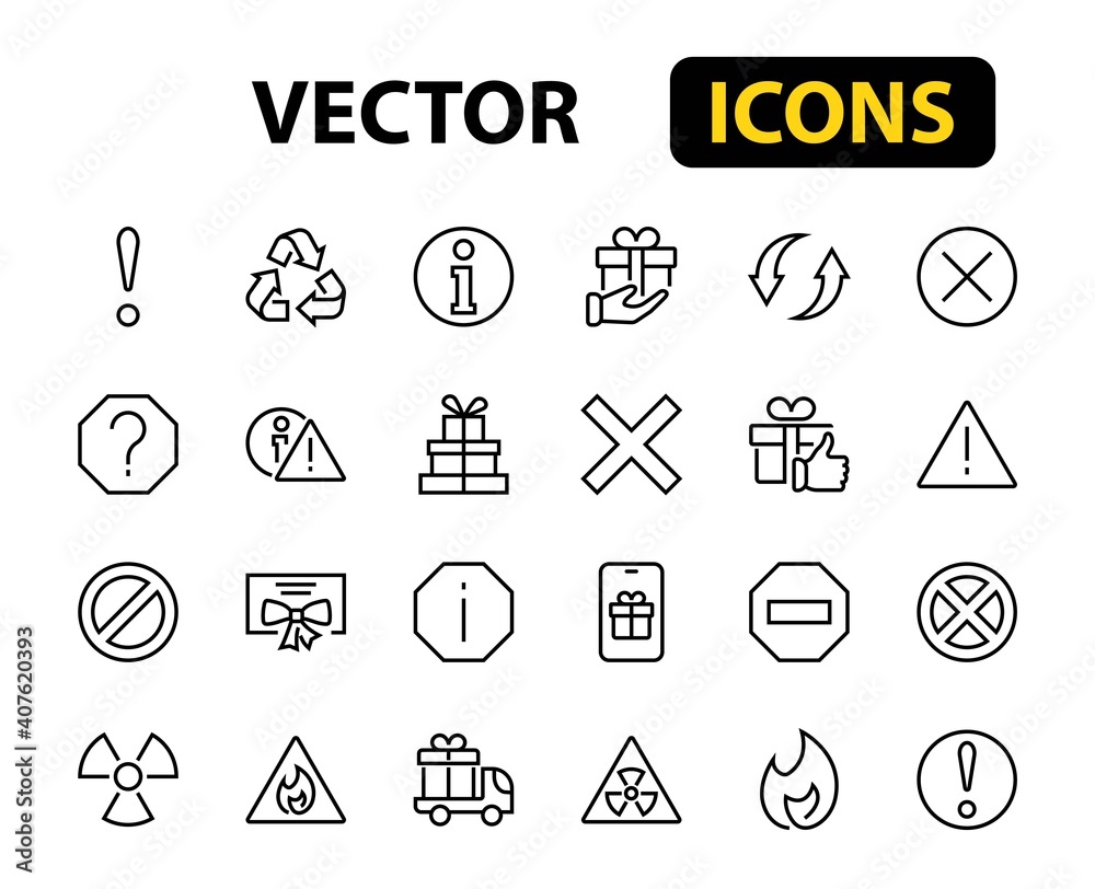 WARNINGS simple set of thin line vector icons. Contains icons such as warning, exclamation mark, reuse, warning sign and more. Editable stroke. Vector illustration