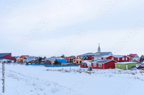 Panoramic view of small village Eyrarbakki in southern Iceland. Typical small village in Iceland. © Ekaterina Loginova