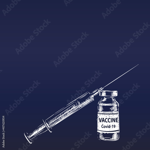 Vaccine Covid-19 syringe leaned on vial medicine bottle vector drawing, White drawing on dark blue gradient square background. Fight against coronavirus. Vaccination, immunization, treatment