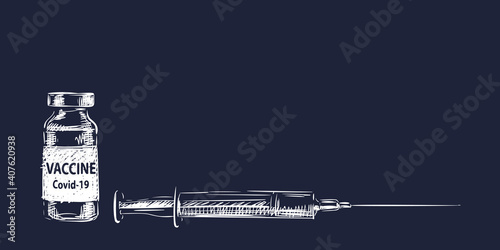 Vaccine Covid-19 vial medicine bottle and syringe vector drawing, White drawing on dark blue background. Fight against coronavirus. Vaccination, immunization, treatment