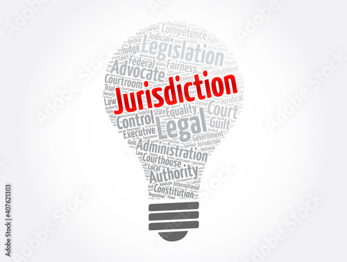 Jurisdiction light bulb word cloud collage, law concept background