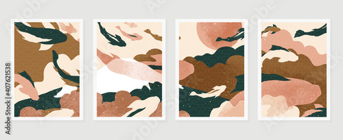Luxury oriental style wall arts vector. Abstract arts design with Koi fish, Ocean, mountain, sun, moon texture texture and brush design for wallpaper, wall framed prints, canvas prints and home decor.