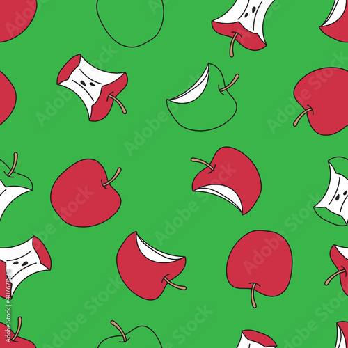Fruit seamless pattern, Hand drawing apple patterns on green wallpaper. 