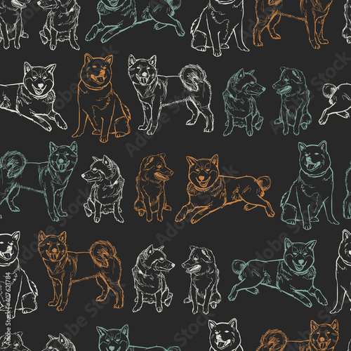 Vector dark grey shiba inu dogs sketch seamless background pattern. Suitable for gift wrap, textile and wallpaper.