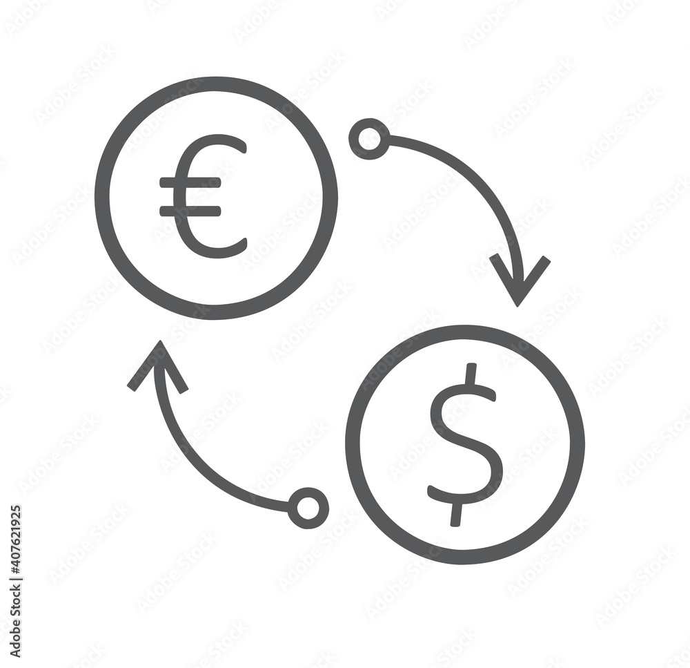 Flat icon of currency exchange Euro to USD isolated on white background Flat icon of currency exchange Euro to USD isolated on white background