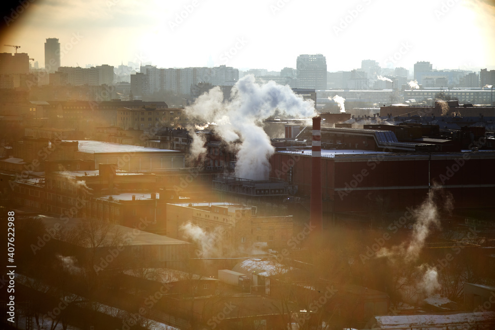 Fototapeta premium Industrial cityscape. Moscow on a sunny frosty day. Moscow, Russia.