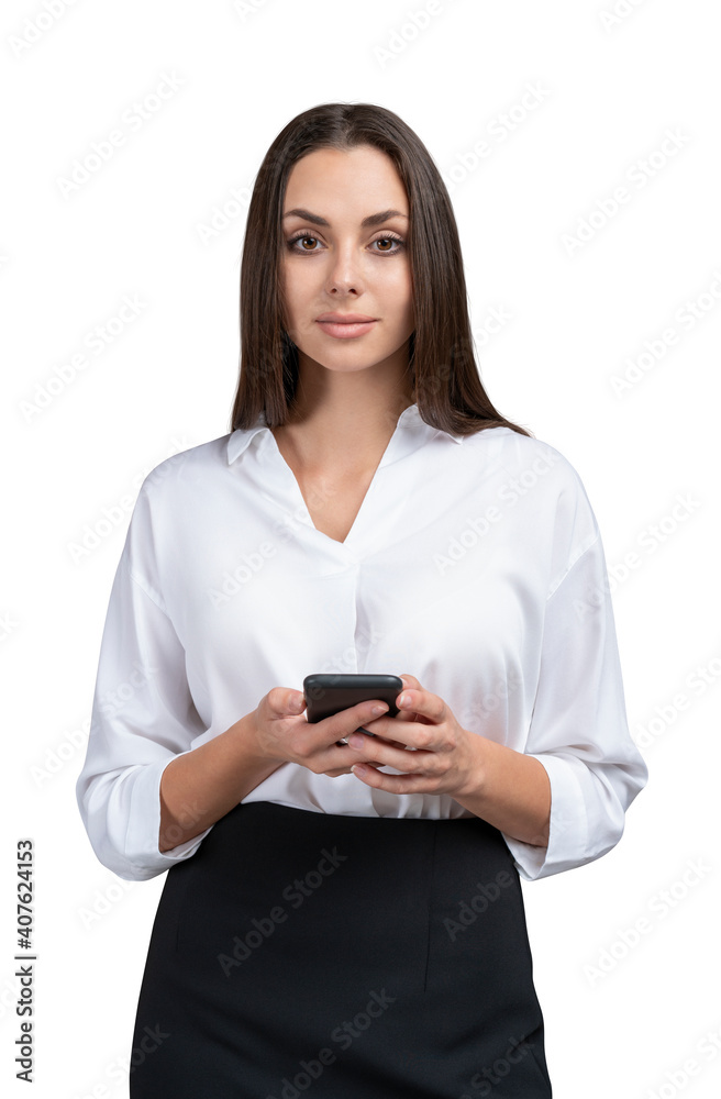 Young businesswoman in white shirt and black skirt with phone in hands. Female office manager isolated over white background looking at the camera Young businesswoman in white shirt and black skirt with phone in hands. Female office manager isolated over white background looking at the camera