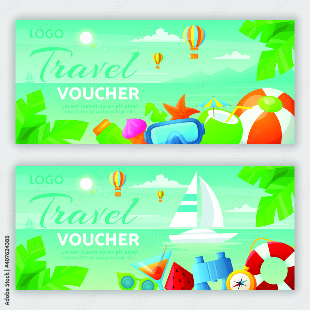 Set of summer travel voucher design template. Vector illustration
