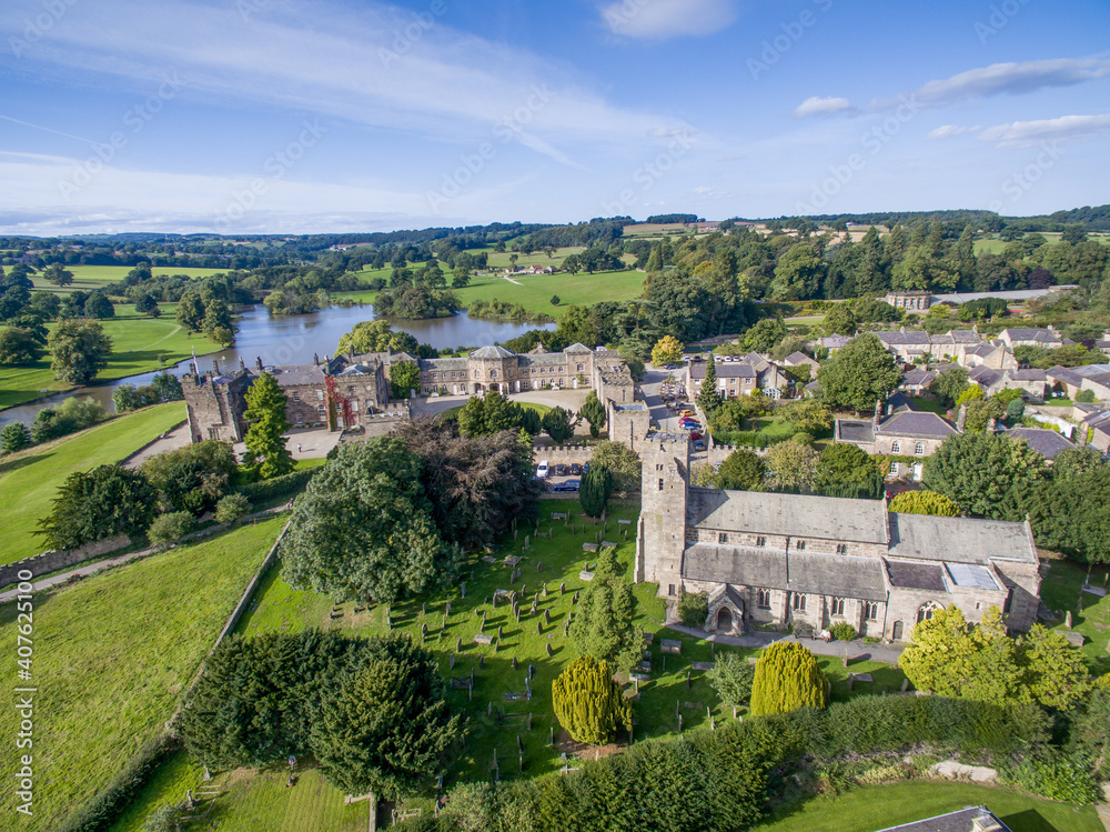 Ripley village in North Yorkshire England,  Aerial view of the village and Ripley Castle near Harrogate. 