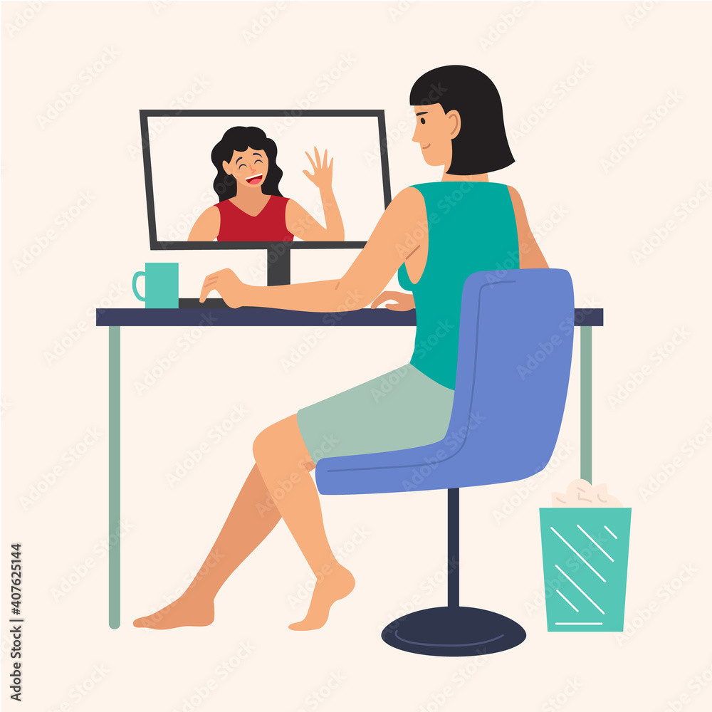 Woman remote meeting, woman working from home, illustration concept.
