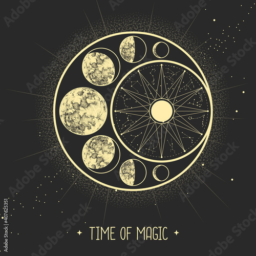 Modern magic witchcraft card with astrology sun and moon sign with human face. Day and nignt. Astrology wheel with zodiac signs. Horoscope vector illustration