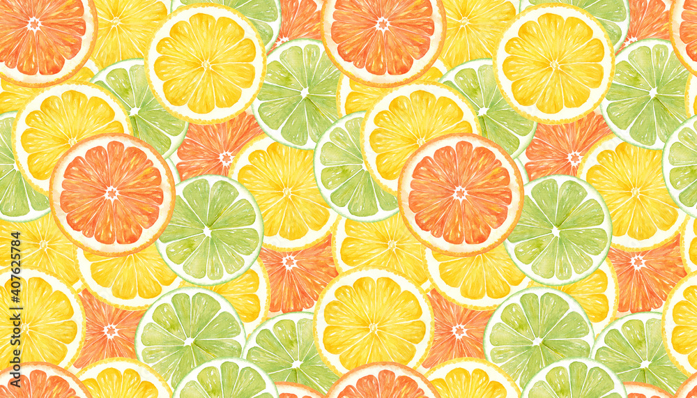 Ilustracao Do Stock シトラスのスライスを敷き詰めたシームレスパターン レモンとライムとオレンジの水彩イラスト Adobe Stock